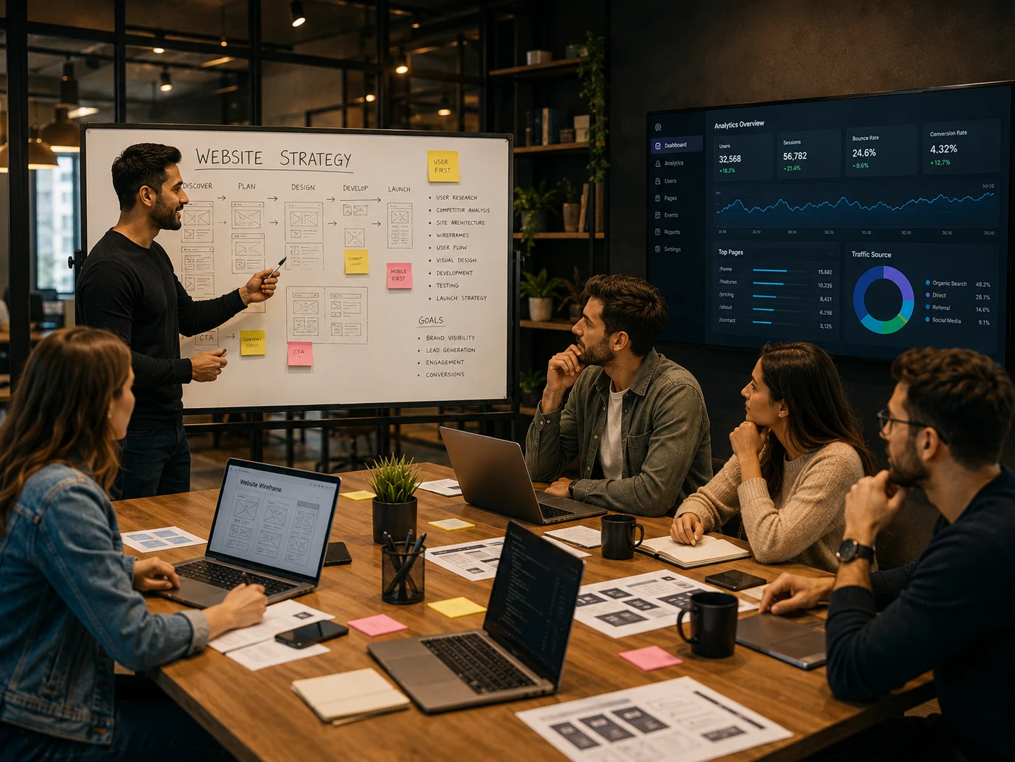A diverse team of designers and developers collaborating around a laptop