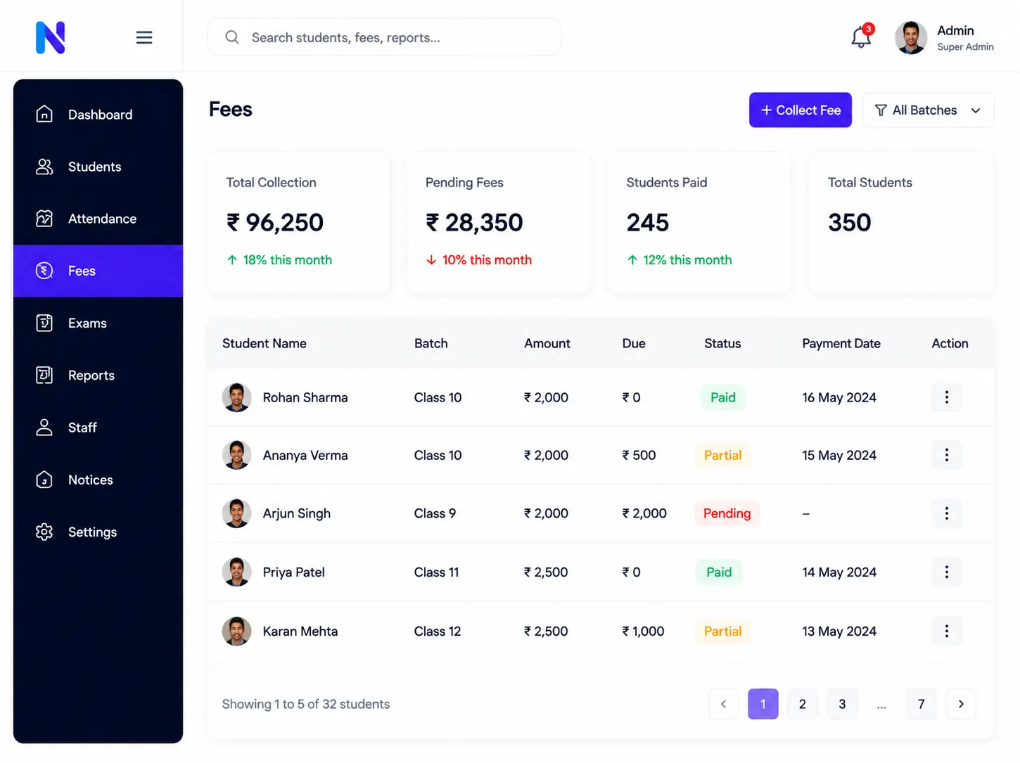 Fee collection screen for recording payments and generating receipts