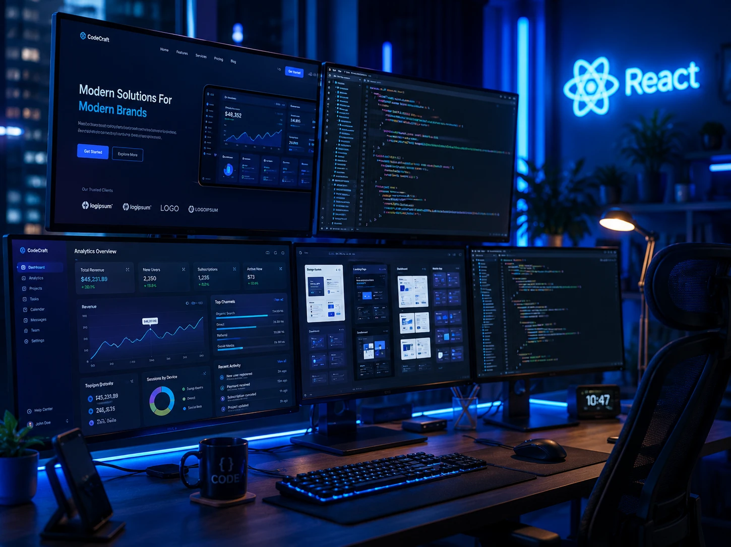 Illustration of a modern web development workspace with code and design tools