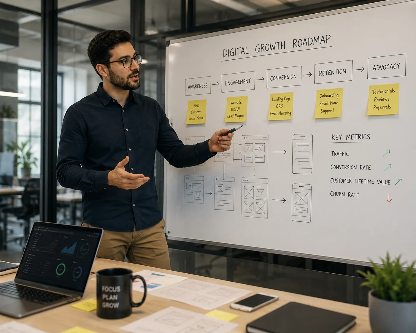 A person presenting a strategy diagram on a whiteboard