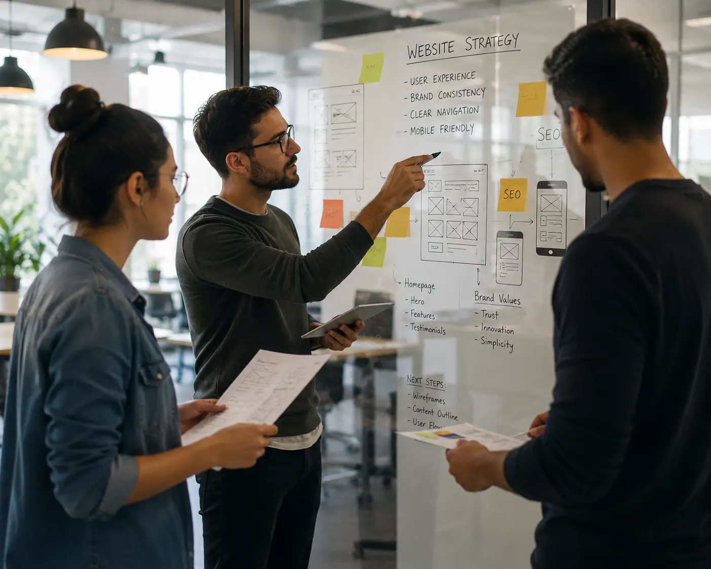 A team brainstorming at a whiteboard