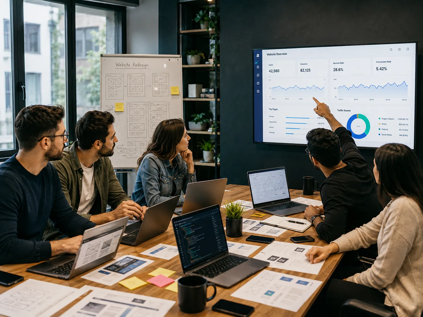 A diverse team collaborating around a wooden table